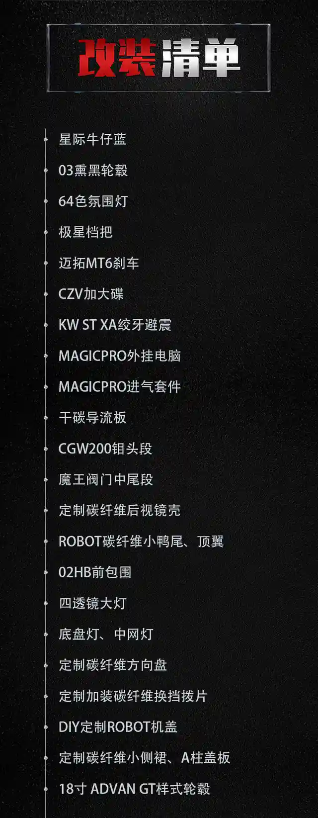 如果说每位领克03车主的心里都有一辆+版，那每位领克02的车主心里也都藏着一辆Hatchback版本，很多玩家都会想将车打造成自己心目中的那辆"性能版"。今天就为大家分享一位来自江苏车友权变打造的领克02。"这辆02是在2019年我刚毕业时父母给我买的，当初我还不知道领克这个品牌，听朋友介绍后去4S店看了一下，被这辆02的外观与内饰颜值给吸引了，价格合适就拿下了。""起初不太懂车的我跟很多小白车友一样，搞个装饰拖车带、贴了点小贴纸、装了个前铲，小打小闹。""后来在路上能看到越来越多的领克车友，我也慢慢对改装有了一丢丢的了解，就想着贴个膜、换套轮毂，看看能不能改变一下车辆整体的气质。随后就贴上了一身黑幻蓝的车身膜。""贴完膜后，发现原厂橙色的轮毂搭配这个车身颜色也太突兀，于是收了一套领克03的原厂轮毂回来，将轮毂喷黑后加上法兰盘装车，让轮毂看起来更饱满一些，就这样结束了我第一阶段的改装。""后面，我开始‘网上冲浪’学习各种改装知识，才发现我之前走的都是弯路，经过学习后决定重新改装一番。正所谓一低遮百丑，百改降为先！这次先换上一套KW STXA绞牙避震搭配上一套18寸迈斯盾FF009轮毂，将车身姿态降下来一些。""外观方面，02HB前包围、定制ROBOT机盖、碳纤维鸭尾、顶翼与定制碳纤维后视镜壳全部换上，最后再贴上一身星际牛仔蓝搭配上橙色拉花点缀，这下终于有模有样了。""毕竟心里还藏着一辆‘性能版’的02，外观搞定后动力方面当然也要动手啦！然后magicpro外挂电脑、magicpro进气套件、干碳导流板，搭配上CGW200钼头段和魔王阀门中尾段排气、去gpf前管，这下外观动力都有了。""有了动力后，制动性能也要跟得上才行，前迈拓MT6刹车套件、后CZV加大碟安排上车，一入改装深似海这句话说得没错。""内饰方面，64色氛围灯、极星档把、HUD、定制碳纤维方向盘与拨片等，也都毫不马虎。""同时灯光方面也动手了，四透镜大灯与底盘灯和中网灯上车，做夜晚最亮的那台02。""后面为了看起来更加竞技一些，换上了一套18寸国锻ADVAN GT样式轮毂。""目前这辆02的改装就先到这里了，算上走过的弯路在这辆车上的改装上投入有十万多了。这辆车对我来说还只是半成品，还有很多东西没有实现，会慢慢将它完善。""自从提车后就渐渐地认识到了很多志同道合的朋友，玩车的路上大家互动互助，也很有意思。""最后，因为自己一直很喜欢瓦罐车，以后会考虑收辆沃尔沃V60或者斯巴鲁力狮瓦罐来玩一下。当然，这辆02也会一直玩下去。"