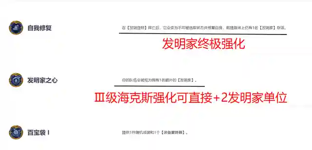 金铲铲之战更新已经有一段时间了，最近上线的《双城之战》这个模式可以说是这款游戏的巅峰模式！个人认为这个版本是云顶之弈诞生以来平衡性做得最好、玩法最多样性的版本，同时运气和实力对于对局的影响同样重要，这在无形中又为游戏增添了一丝趣味！今天为大家带来一套新手专用的上分阵容，这个阵容相对简单，对于运营能力的要求相对较低，适合大部分新手、半新手玩家。接下来为大家详细介绍一下这套阵容：发明家体系介绍1、7发明家。7发明家是这个体系最“胡”的一套，只要凑齐了这个羁绊，拥有了机械巨龙之后，仅仅靠着机械巨龙的威力，吃分就已经非常容易了，想要吃鸡的话，再找一个强力的五费卡，比如金克斯、维克托、阿卡丽等等，有了这种大C棋子的话吃鸡就比较稳妥了。只不过这种阵容非常考验运气，必须要从海克斯强化中拿到一两个关于发明家羁绊的加成，比如下图中的这个强化，一级的【发明家之心】提供一个发明家单位，如果有幸拿到三级的【发明家之心】，直接可以拿到2个发明家单位的加成，这么一来只要我们在阵容中凑出5个发明家棋子，就可以直接凑成7发明家羁绊，召唤出机械巨龙来。另外请大家注意上图，有一个【自我修复】的海克斯强化，这个强化就是专门给发明家体系准备的，在对局中只要我们能够拿到这个强化，那就可以直接玩发明家体系！这个强化直接能够让发明家们的召唤物拥有复活能力，甲虫、巨熊甚至是巨龙都能够享受到这个效果，直接就是“不死小强”！7发明家阵容相对简单，大家可以直接凑棋子，根本就不需要运营就能够锁血升级，到了8级、9级之后再找强力的5费卡增强输出，如果能够顺利上9的话吃鸡应该不成问题。关键还是运气不佳的时候，怎么玩5发明家阵容的问题！2、5发明家阵容相对于7发明家体系，5发明家就比较考验玩家的运营能力了，5发明家阵容没有机械巨龙的强力输出，所以阵容中的伤害能力相对较弱，必须要在中后期找到5费大C，否则就比较难玩了。上图就是我使用的一套5发明家阵容，是经过这几天试验，效果最好的一套！其中主C是金克斯和杰斯，发条和风女构成2白魔法师羁绊，增强团队魔抗，同时发条还能提供团控，帮助杰斯和金克斯打出更好的伤害，所以阵容方面，就建议大家这么来构建，效果也是最好的。接下来给大家分析一下这套阵容的运营思路，前期开局非常容易就能凑齐3发明家，只要3发明家阵容成型，因为有一只召唤甲虫的存在，前期我们就拥有人口优势，前期即使掉血也是非常有限的，在2阶段左右我们要升到6级，也就是所谓的前期速6打法。凑出3发明家+3赏金猎人羁绊。这里使用赏金猎人羁绊，就是为了在中期快速的稳定经济，同时我们需要女枪这个棋子来提供团队输出！女枪的技能是范围伤害，大家可以看到前面图中杰斯的装备：无尽+法暴+正义之手，这些装备前面可以给女枪打工，等杰斯来了之后换给杰斯即可。运营的核心是上8，到8级以后我们就可以阵容成型了，发条、萨勒芬妮以及风女、杰斯金克斯等等都是需要8级乃至9级才能找到的，中期凑齐5发明家+3赏金猎人之后就要攒钱升级，棋子的质量不必刻意去提升，这套阵容发明家棋子不能主C，所以能升到2星就够用了。关键还是杰斯以及金克斯，杰斯能够非常可观的功能性，破甲、降低魔抗这个效果能够完美契合金克斯的输出，这两个棋子的配合也是这套阵容的强力点之一！如果杰斯能够升到2星的话，这场对局吃鸡就很稳了。金克斯也是这套阵容的核心，如果大家在游戏的过程中AD装备不是很多的话， 可以把金克斯换成阿卡丽，如果AD装备比较多就果断金克斯。上到9级之后就找塔姆，最好是给塔姆喂食一些法术强度比较高的棋子，比如发条这种4费法师，养塔姆的主要目的，就是后期为团队打装备！大家请看上图，塔姆的技能只要击杀了敌方单位，就可以获得一件基础装备，大后期塔姆的作用就是打装备，为没有装备或者缺少装备的主C棋子服务，这也是塔姆能够成为5费卡的原因之一。5发明家阵容，有了杰斯、金克斯以及塔姆之后才算成型，所以成型的难度还是有的，上8上9对于新手玩家来说是一个难点，但只要我们能够控制住自己不要乱D，把钱攒起来，上8还是非常简单的，上了8级之后就可以换下3个赏金猎人棋子，换上发条、风女、萨勒芬妮等等高费卡。另外大家千万不要小看发条这个棋子，在这个阵容中发条的输出能力同样不可小觑，如果中后期血量低、伤害有些不足的时候，可以考虑在选秀的时候先为发条拿法术装备，比如帽子、大天使之杖等等，发条是可以作为主C棋子的，大家灵活判断即可。5发明家阵容必须要上8或者上9才能吃鸡，如果7级左右血量太低的话，建议大家直接改换发条主C，血量稳住之后再考虑金克斯、杰斯，上8是非常关键的。其实这也是这个版本的大趋势，现在7人口阵容想要吃鸡是非常困难的， 除非天胡的那种。所以还是安稳上8比较保险。插图2
