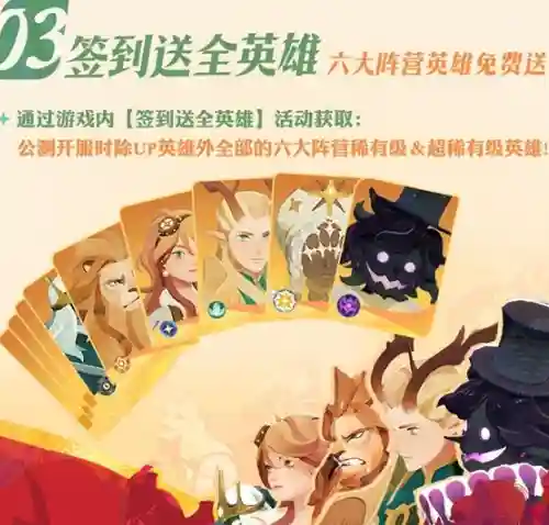 《剑与远征启程》这款游戏为了助力大魔法师畅玩启程，公测期间将提供全英雄免费送的福利活动，让玩家能够更轻松地组建自己的英雄阵容。剑与远征启程开服活动一览预注册奖励：10连抽、强力英雄、1000钻石和专属装扮。启程之礼：60连抽、史诗级英雄自选宝箱和英雄皮肤-绚光星辰。签到送全英雄：通过每日签到赠送除了up英雄之外的全部六大阵营的稀有和超稀有英雄。参与各类开服活动可以获得100连抽：参与【共生庆典】、【飞翼计划】、【垂钓随记】、【公会狩魔悬赏】、【冲锋之旅】、【对决战略】、【英雄淬炼之途】以及【魔晶纷争】等开服活动即可获得如下奖励。大世界探索：探索多张地图可以获得钻石和抽卡道具等。成长之路：通过完成成长之路任务可以获得抽卡道具和其他奖励。首周各类玩法：首周参与【挂机挑战】、【竞技场】、【迷梦之域】、【异界迷宫】、【天穹试炼】等玩法共可获取钻石和抽卡道具。商店兑换：神魔英雄可以在公会商店中免费兑换。插图3